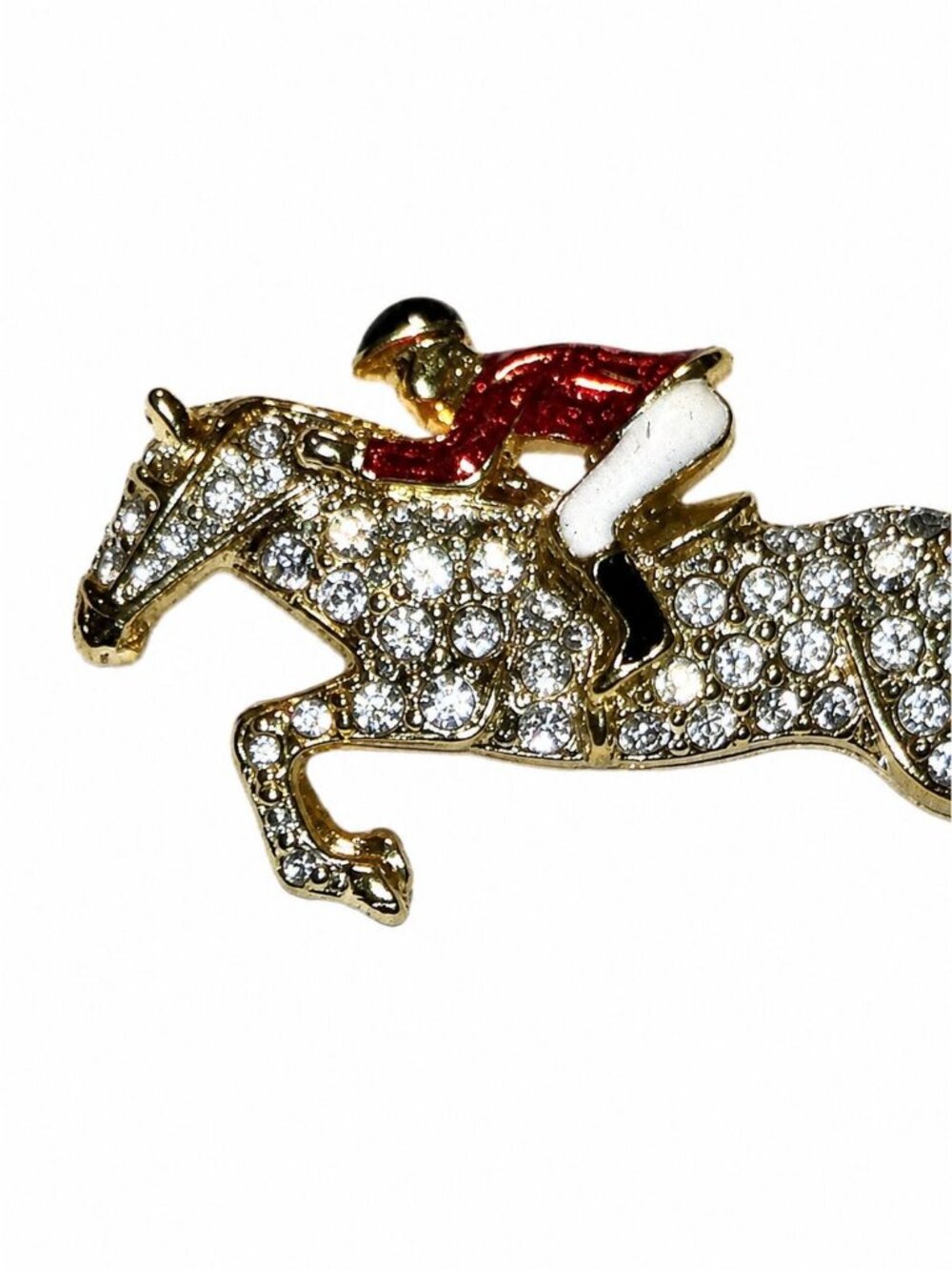 Jockey & Racehorse Rhinestone Red Jacket White Pant Enamel Running Horse Brooch - Picture 2 of 4
